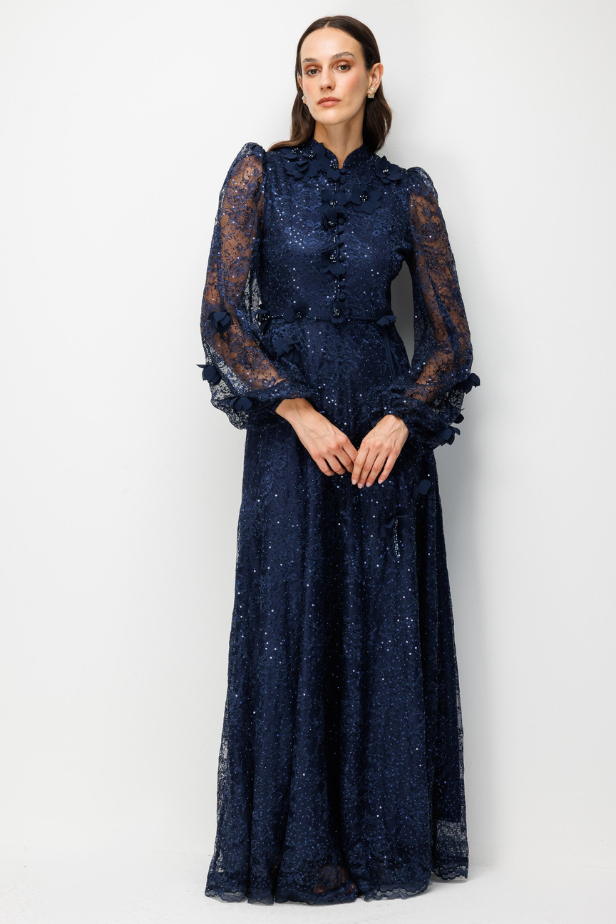 Floral Embroidered Lace Dress NAVY BLUE