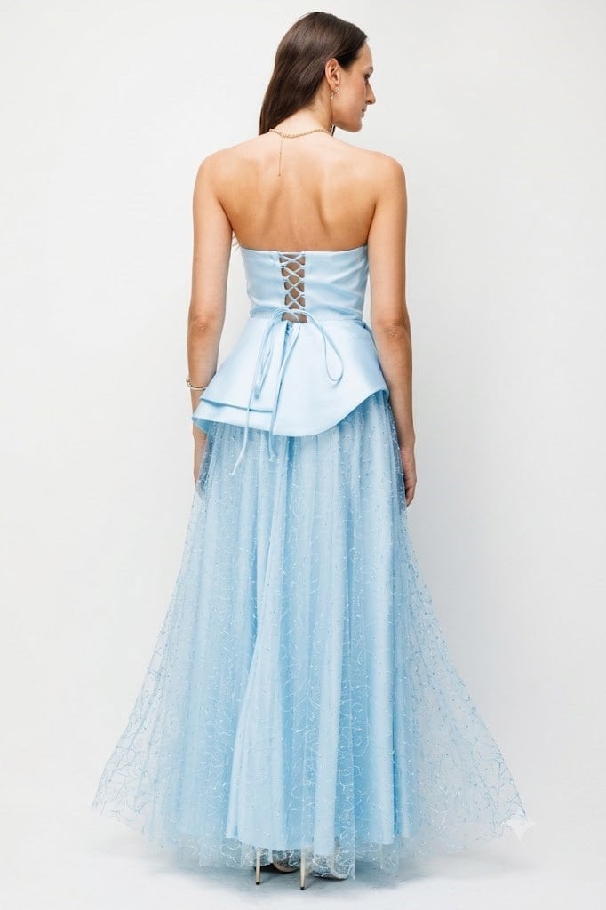 Lace-Up Back Layered Tulle Peplum Evening Dress BLUE