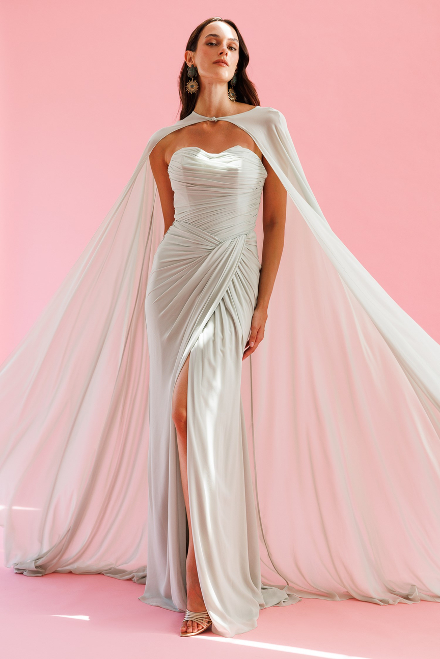 Pelerinli Drape Detaylı Şifon Abiye Elbise SU YEŞİLİ