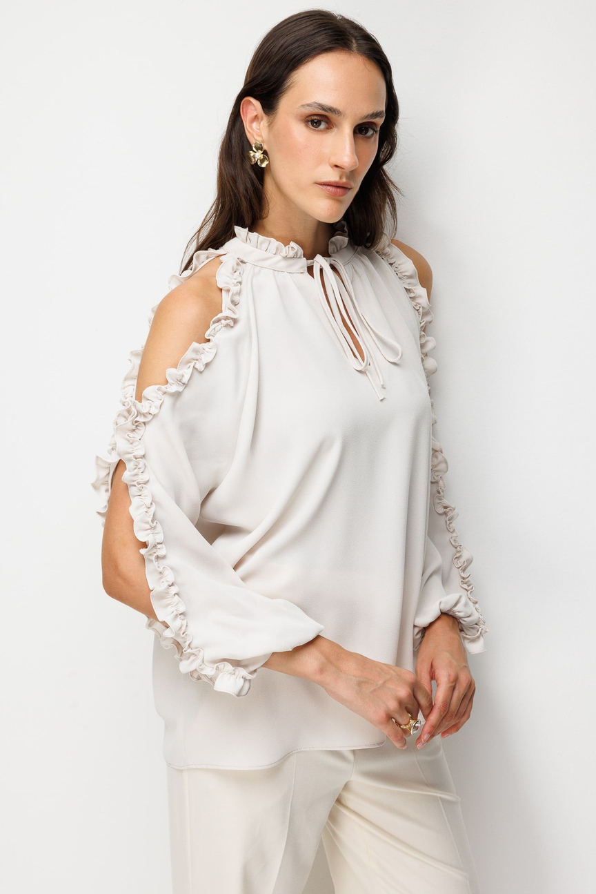 Halter Yaka Fırfır Detaylı Bluz BEJ