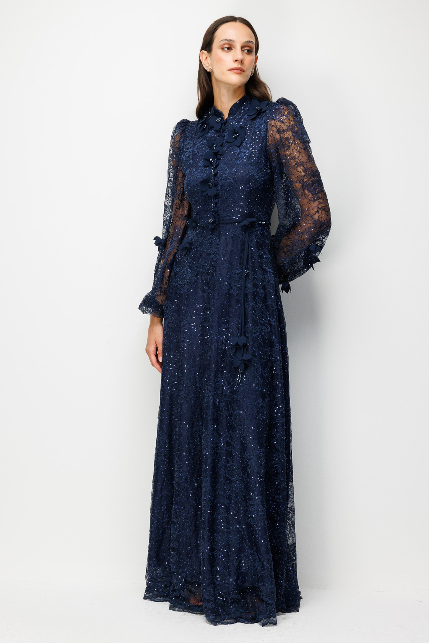 Floral Embroidered Lace Dress NAVY BLUE