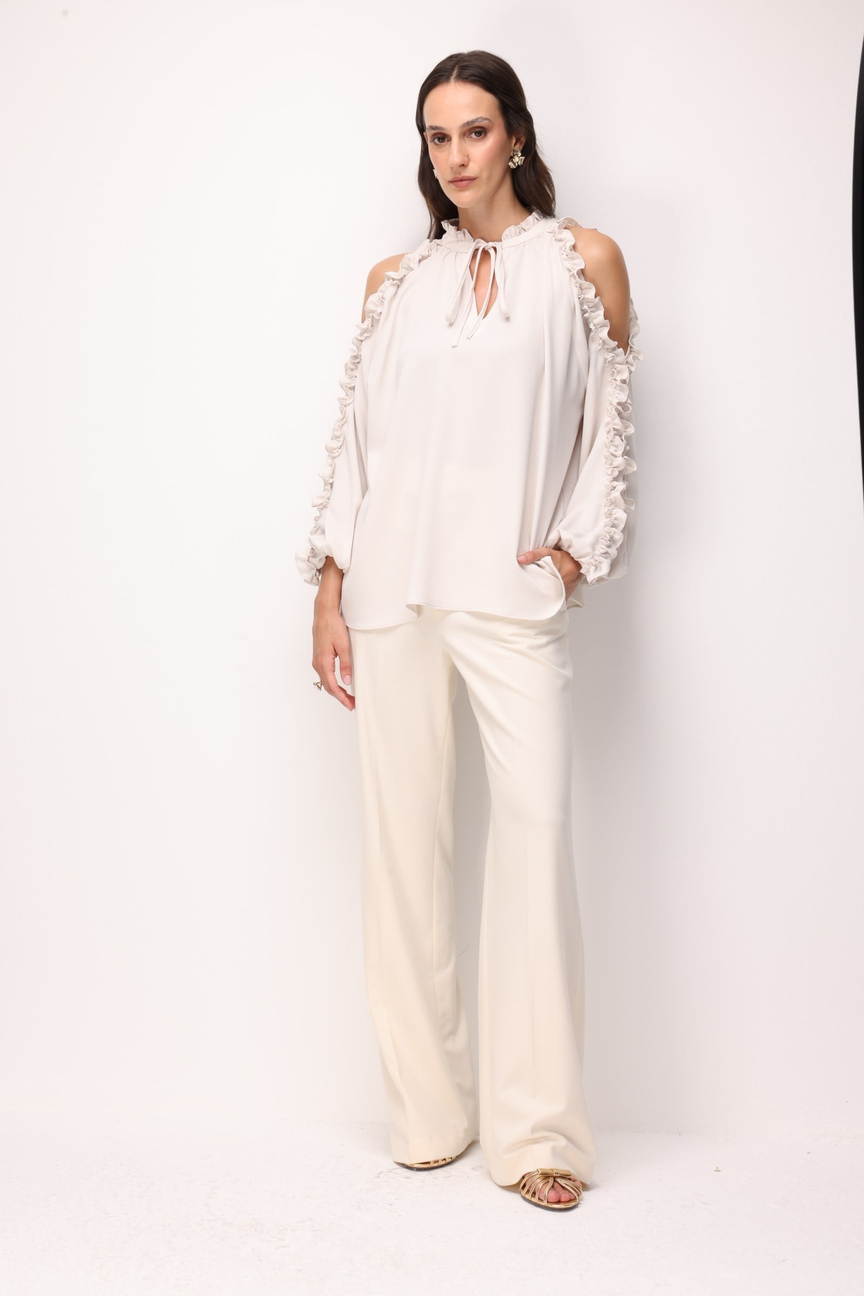 Halter Yaka Fırfır Detaylı Bluz BEJ