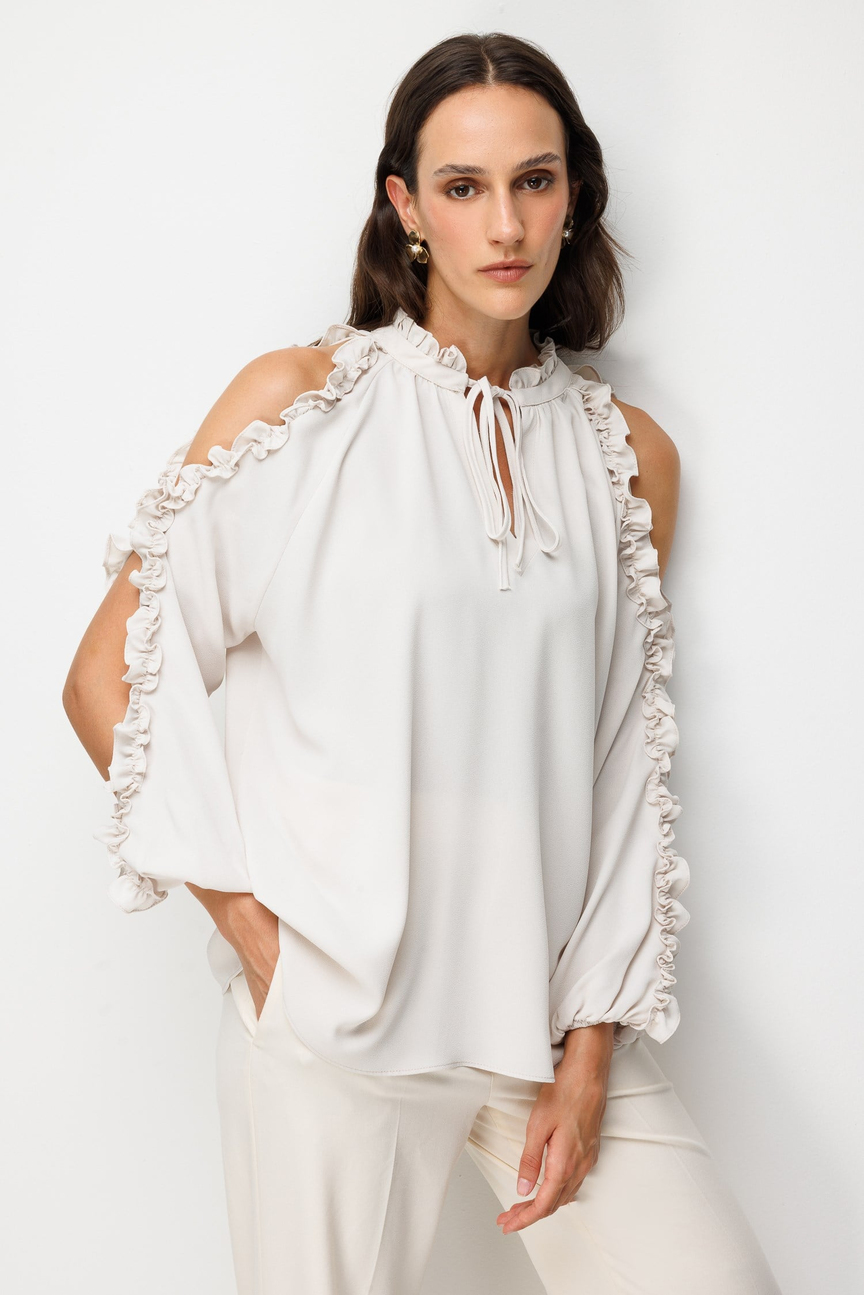 Halter Yaka Fırfır Detaylı Bluz BEJ