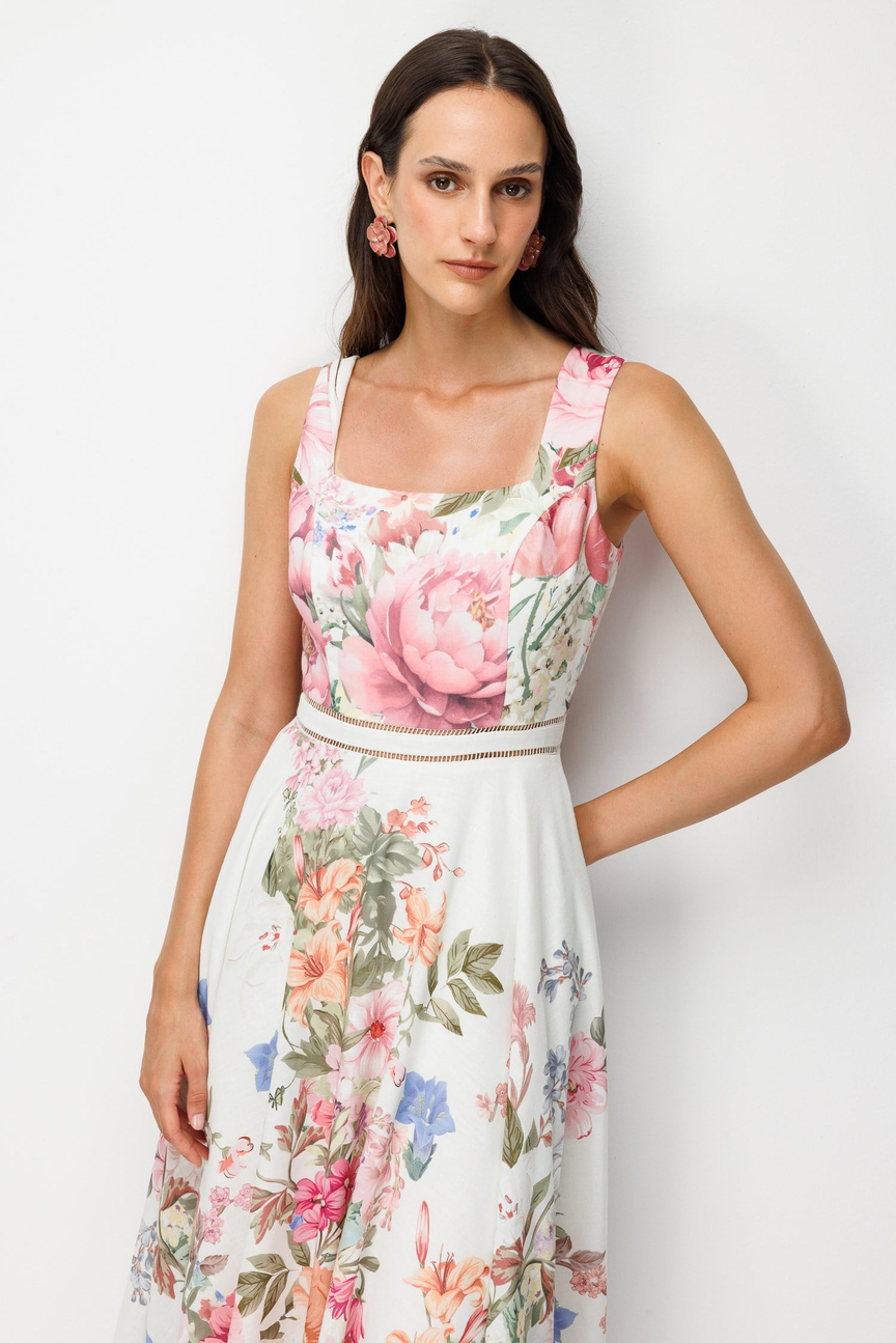 Floral Desenli Kare Yaka Midi Elbise EKRU
