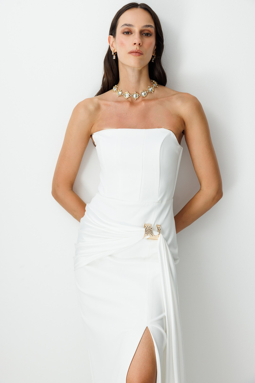 Strapless Draped Evening Dress with Gold Buckle ECRU