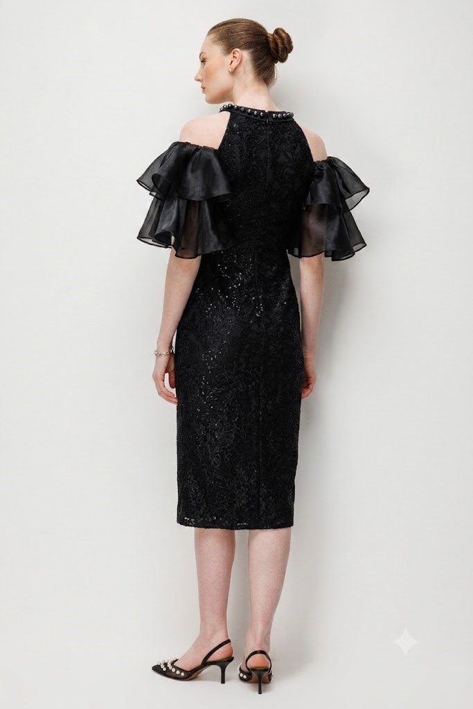 Glitter Lace Flounce Sleeve Dress BLACK