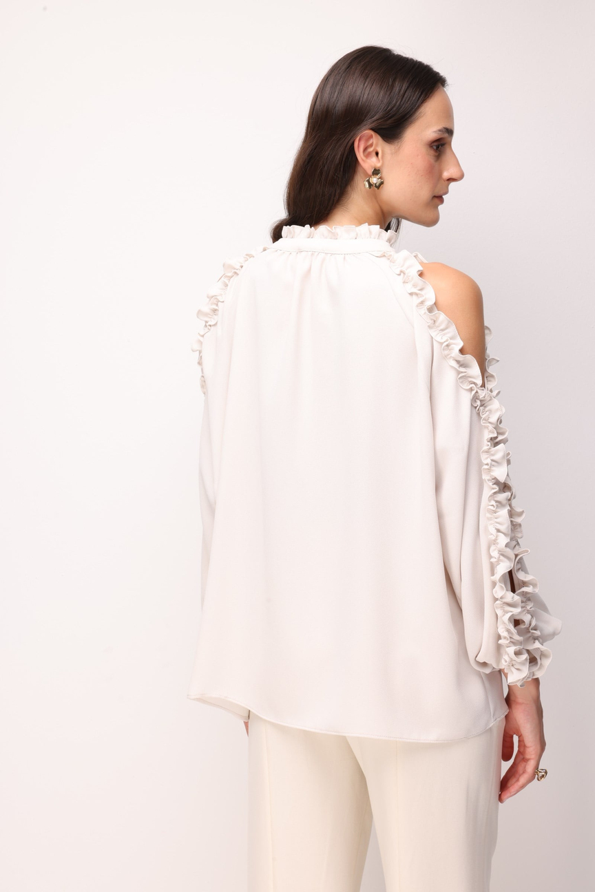Halter Yaka Fırfır Detaylı Bluz BEJ