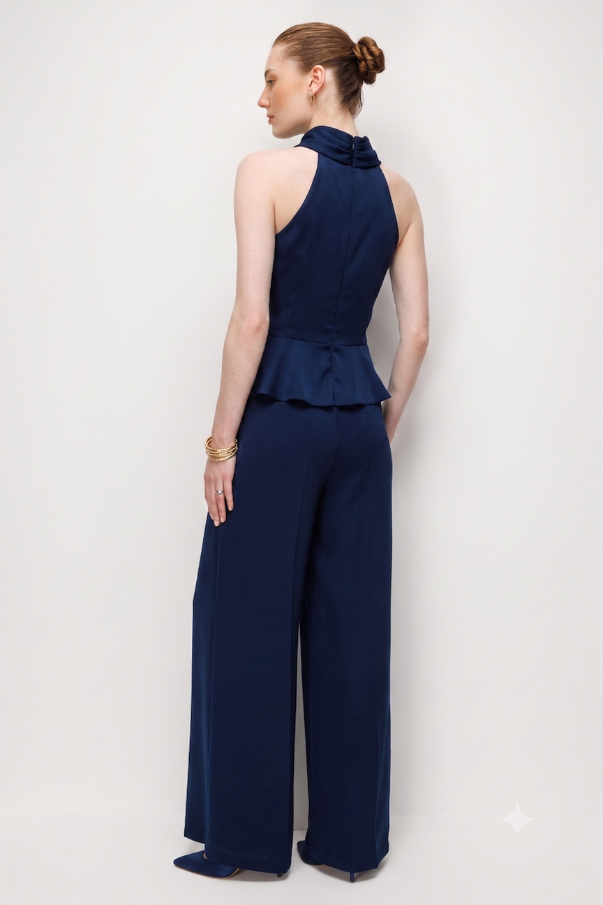 Halter Yaka Drapeli Peplum Bluz Pantolon İkili Takım  LACİVERT