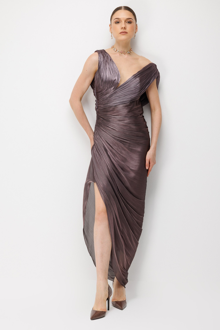 Under-Bust Cutout Open-Back Pleated Long Dress PURPLE