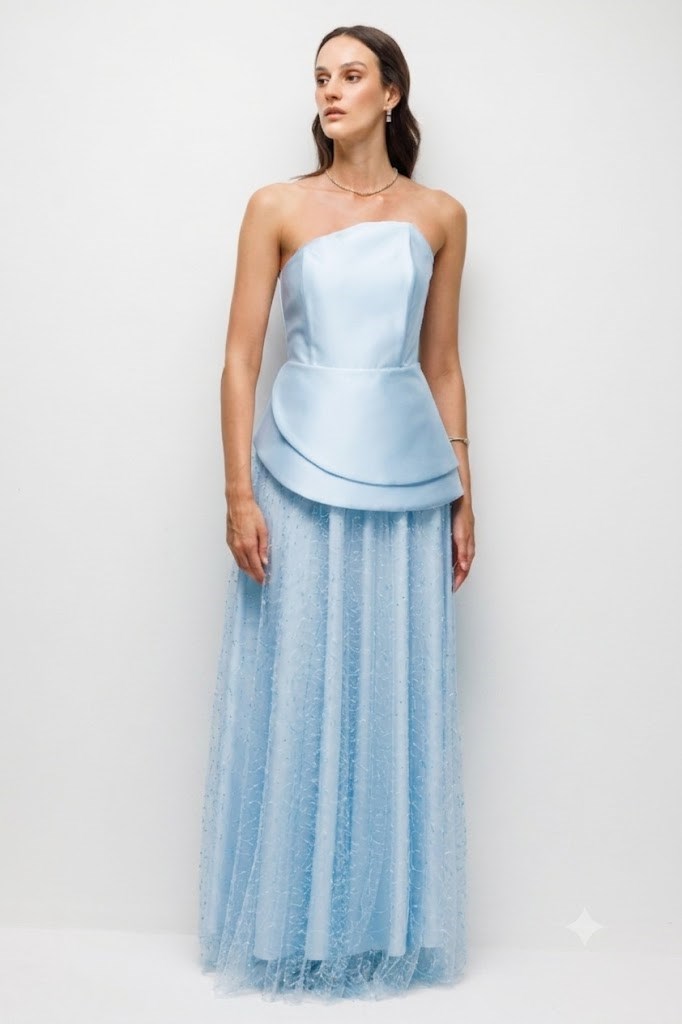 Lace-Up Back Layered Tulle Peplum Evening Dress BLUE