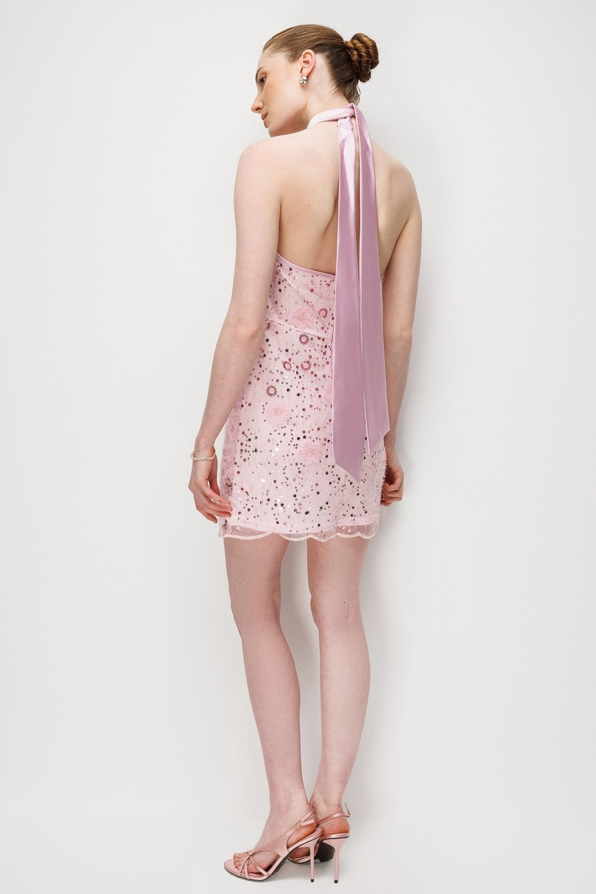 Floral İşlemeli Halter Yaka Mini Abiye  PEMBE