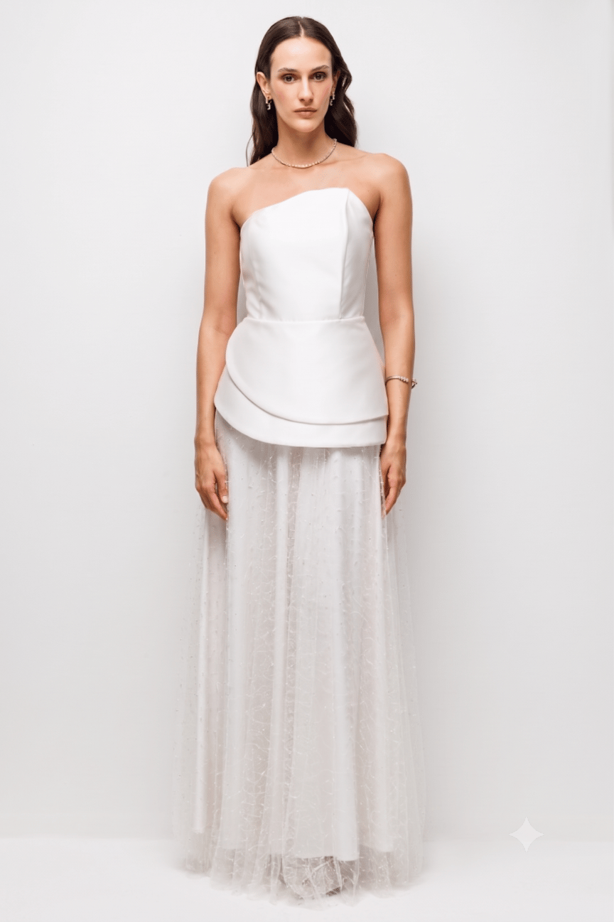 Lace-Up Back Layered Tulle Peplum Evening Dress ECRU