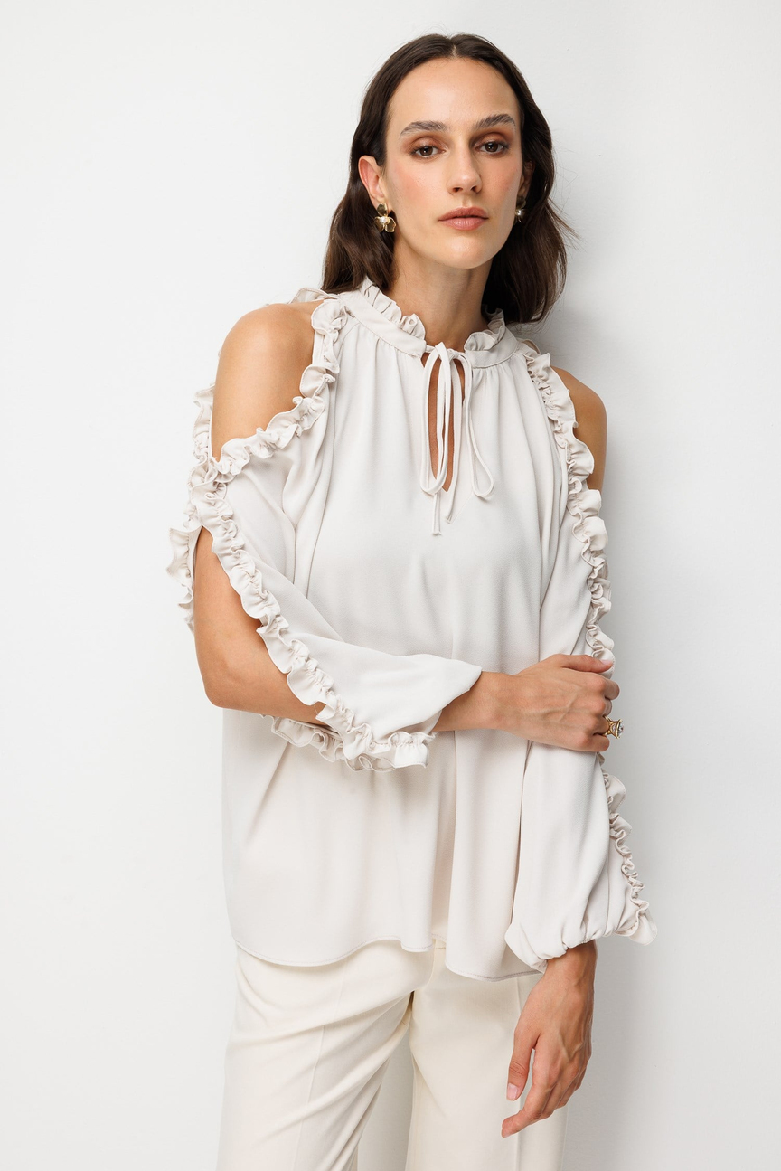 Halter Yaka Fırfır Detaylı Bluz BEJ