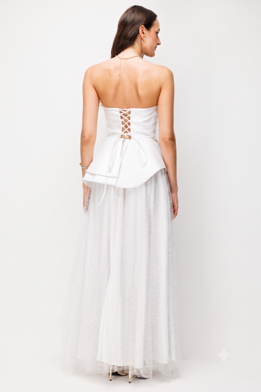 Lace-Up Back Layered Tulle Peplum Evening Dress ECRU