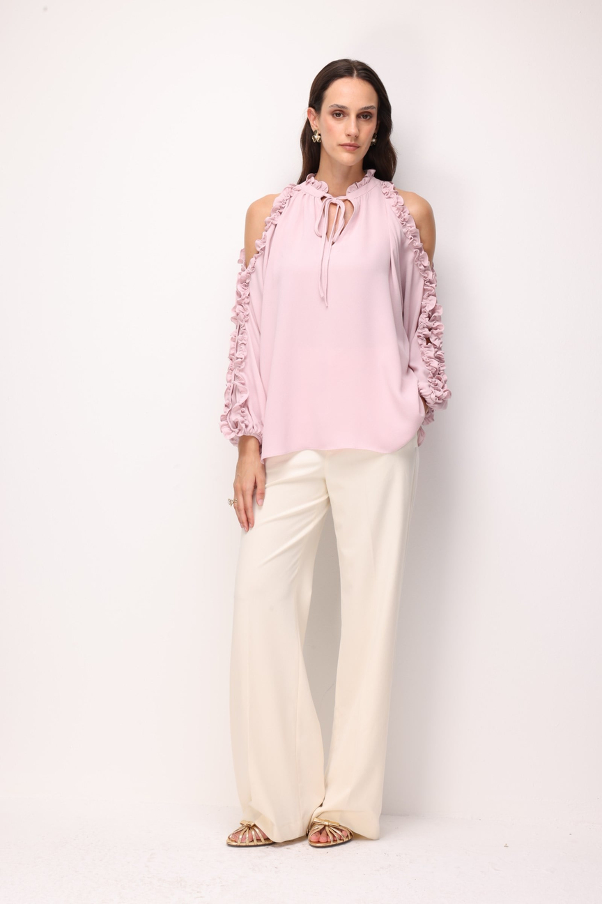 Halter Yaka Fırfır Detaylı Bluz PUDRA