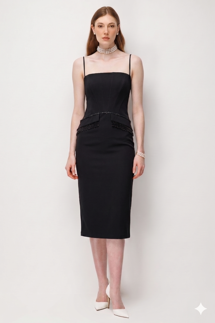 Thin-Strap Beaded Embellished Dress Black