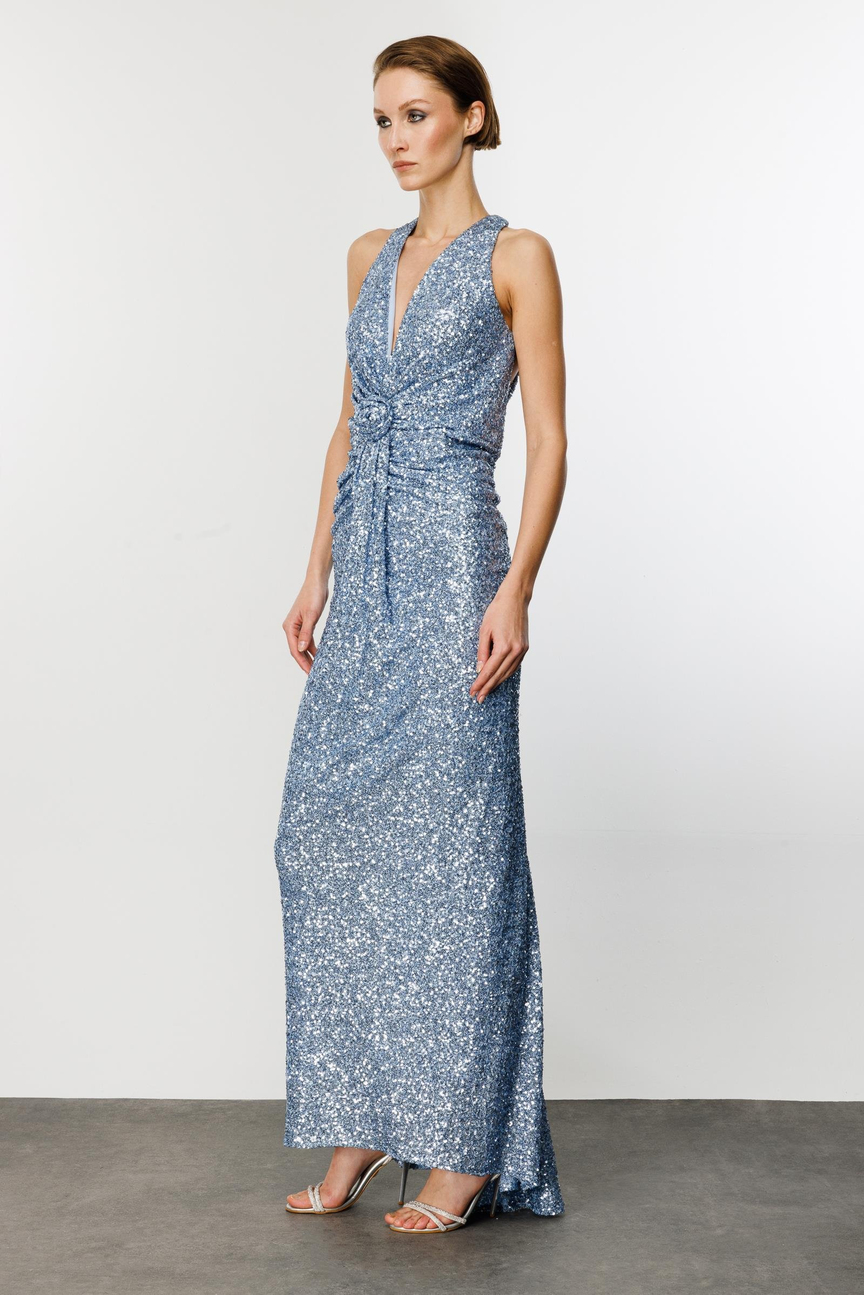 Sequined Blue Dress with Rose Detail on Waist and Back