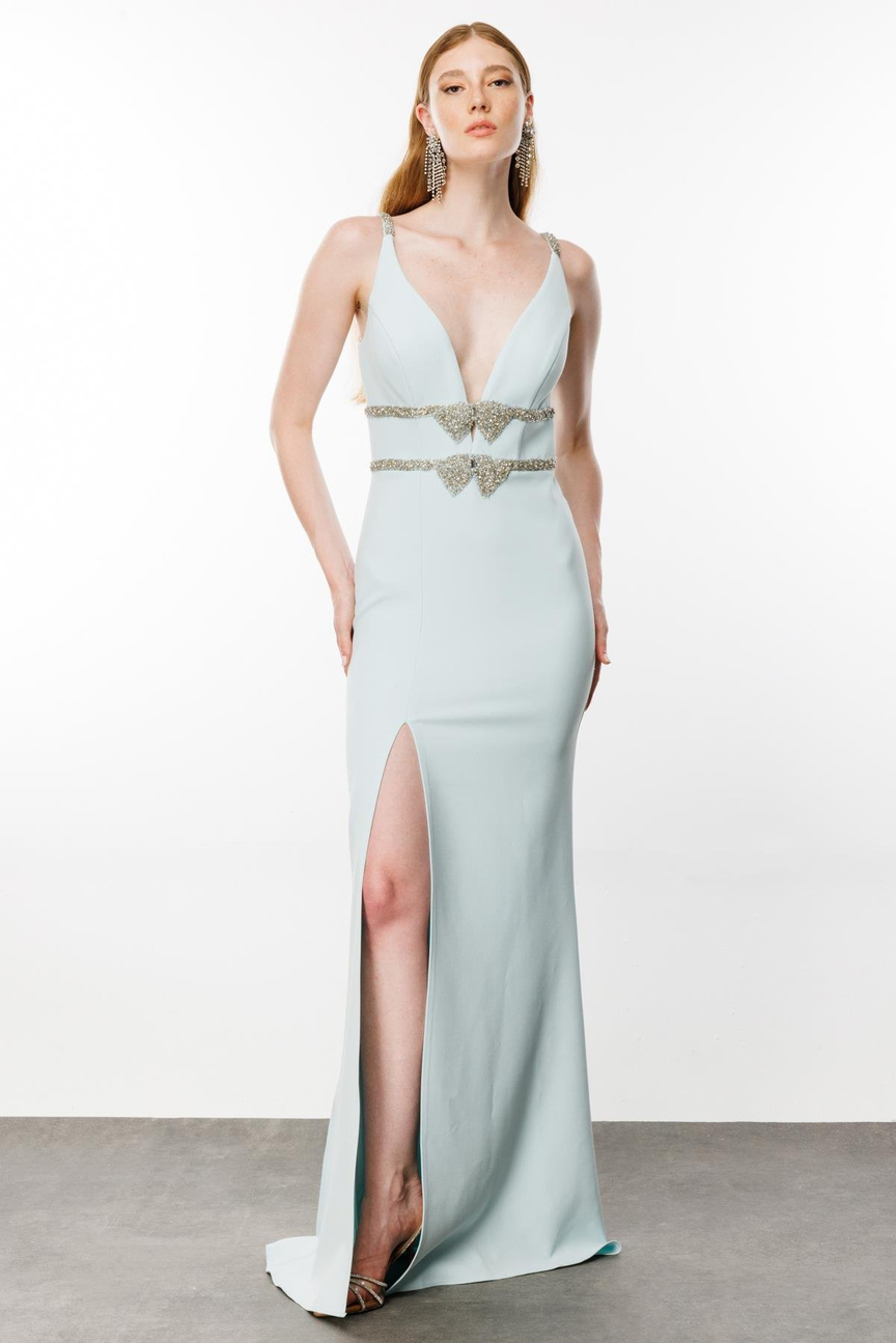 Deep V-Neck Embroidered Waist Long Dress Blue