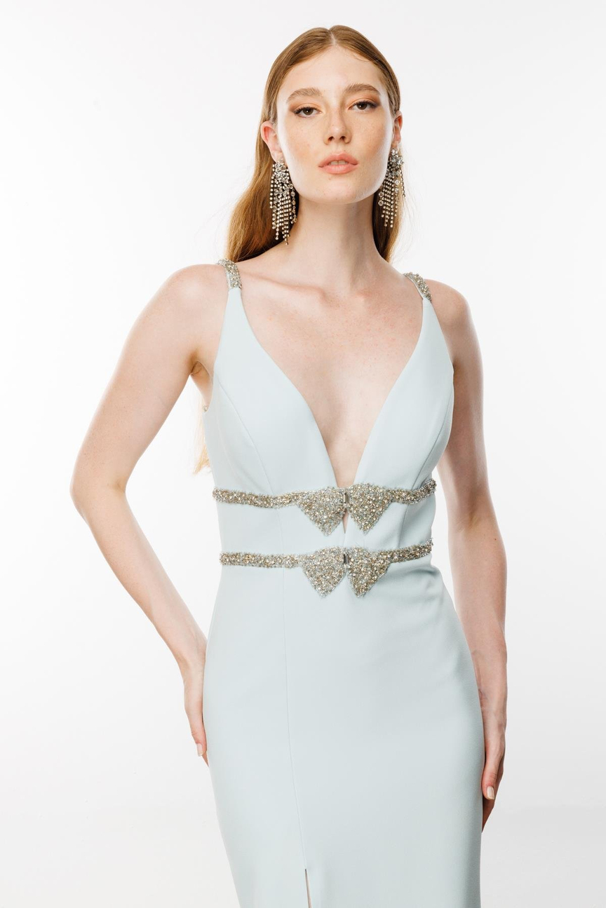 Deep V-Neck Embroidered Waist Long Dress Blue