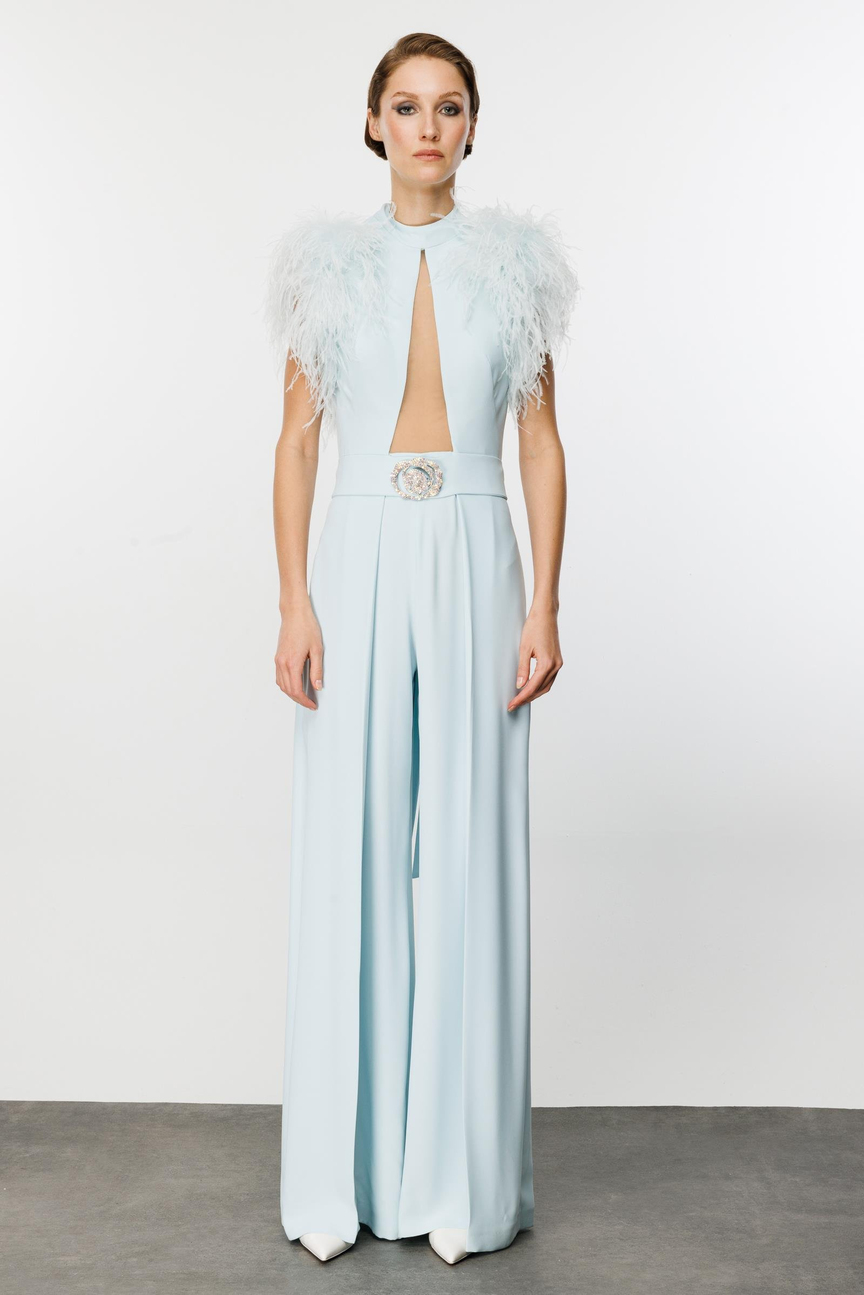 Göğüs ve Sırt Dekolteli Omzu Tüt Detaylı Buz Mavisi Tulum