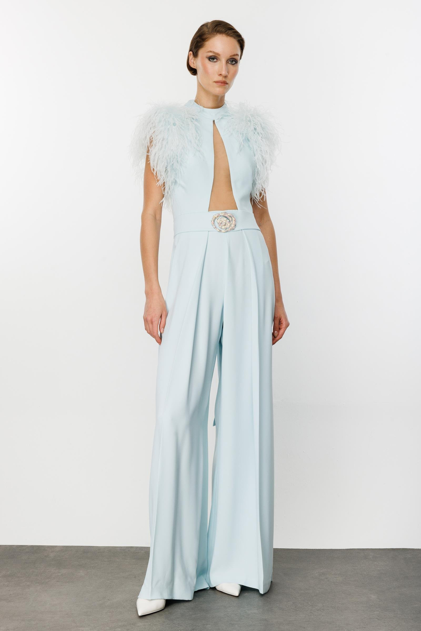 Göğüs ve Sırt Dekolteli Omzu Tüt Detaylı Buz Mavisi Tulum