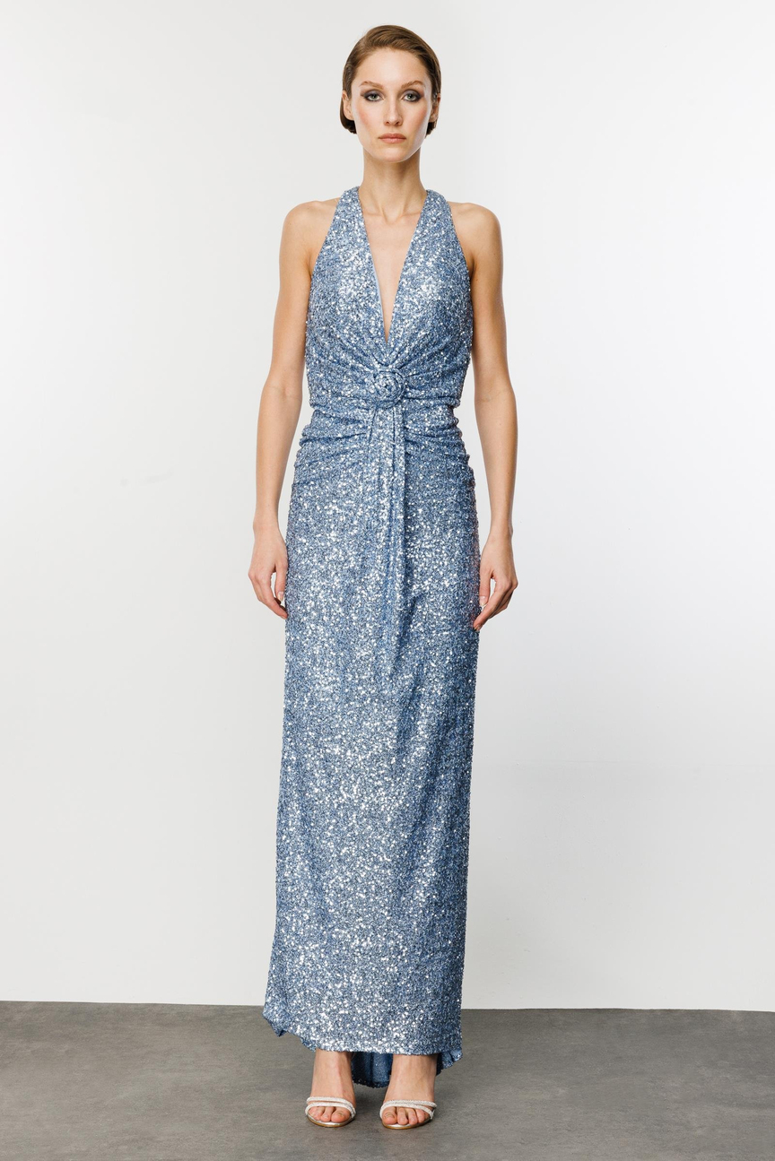 Sequined Blue Dress with Rose Detail on Waist and Back