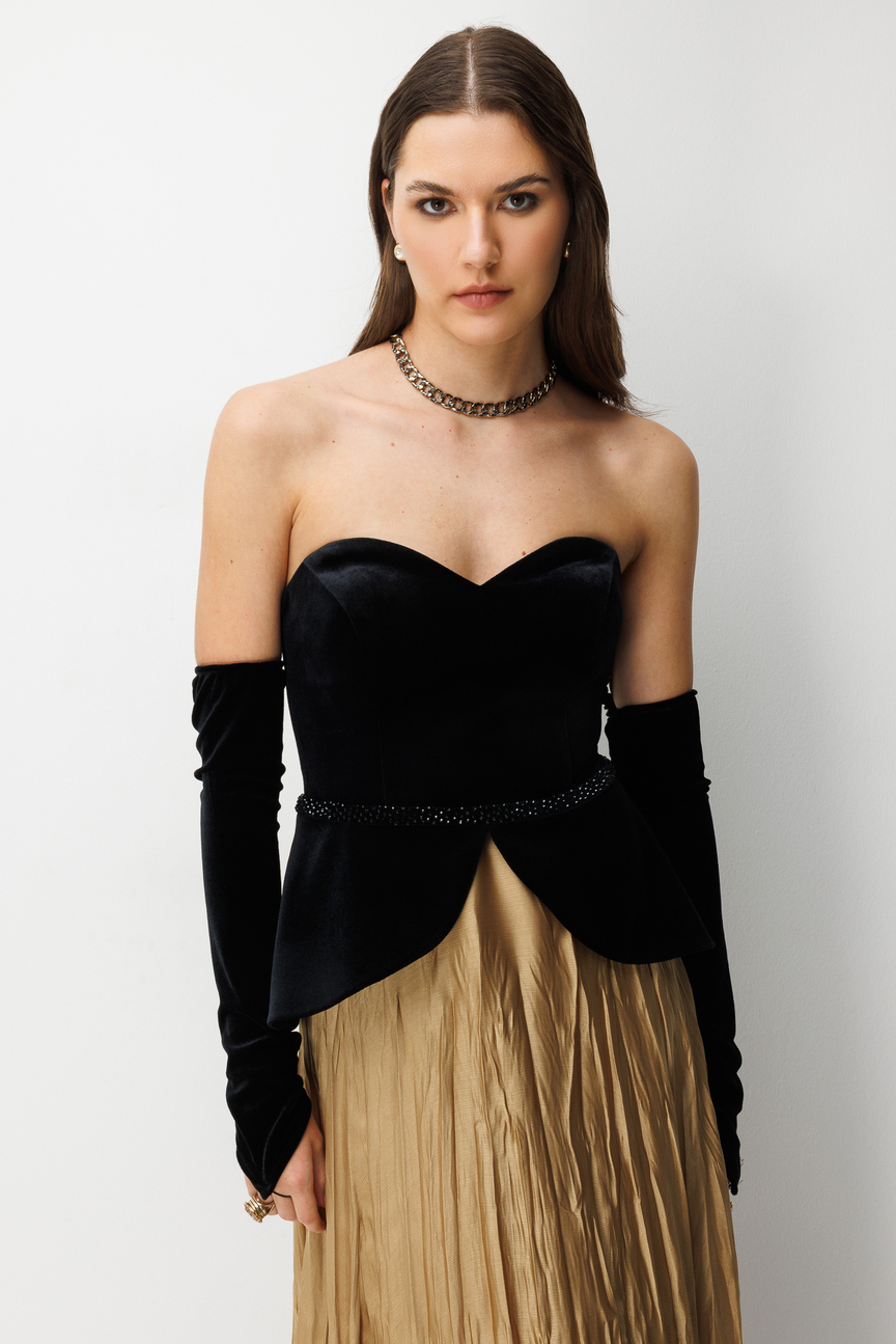 Straplez Peplum Detaylı ve Entegre Eldivenli Maxi  GOLD