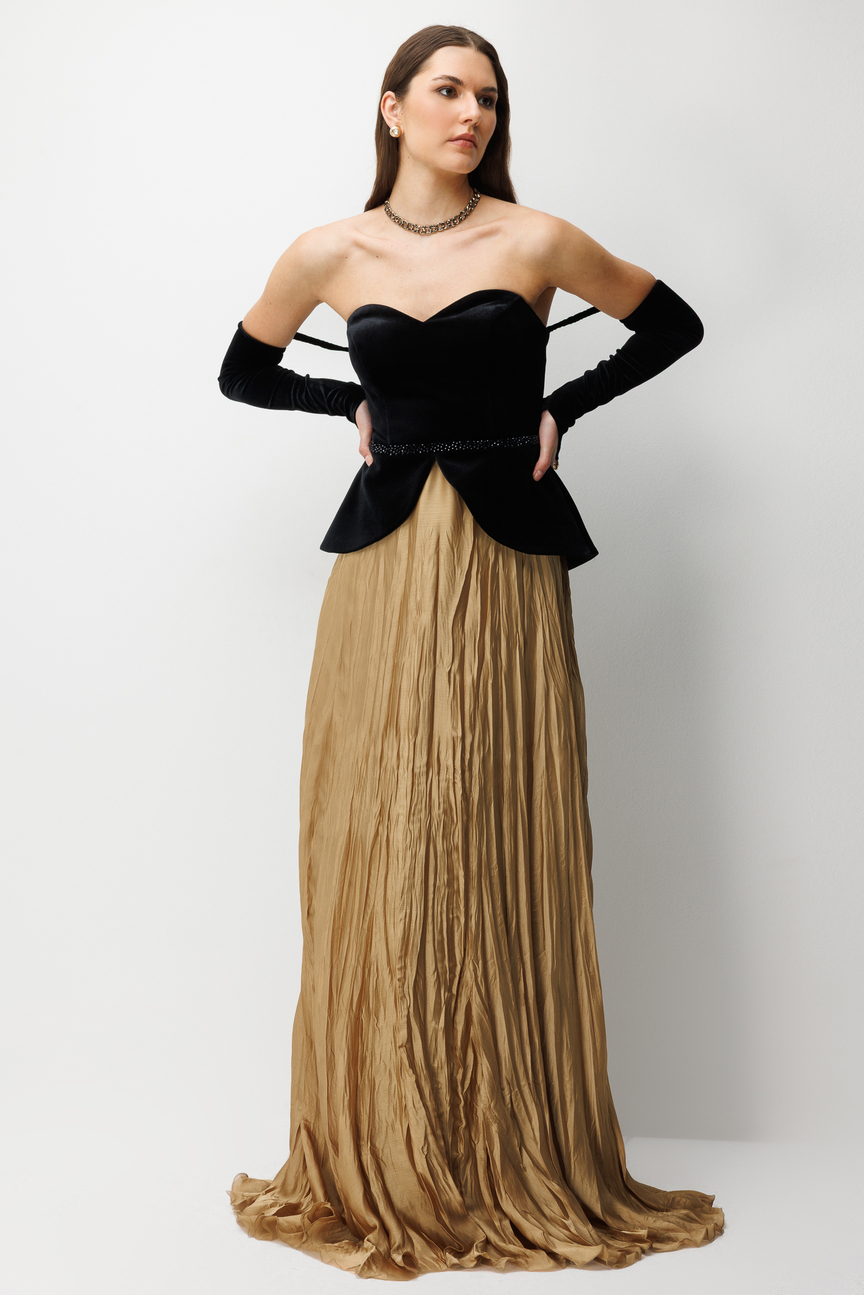 Straplez Peplum Detaylı ve Entegre Eldivenli Maxi  GOLD