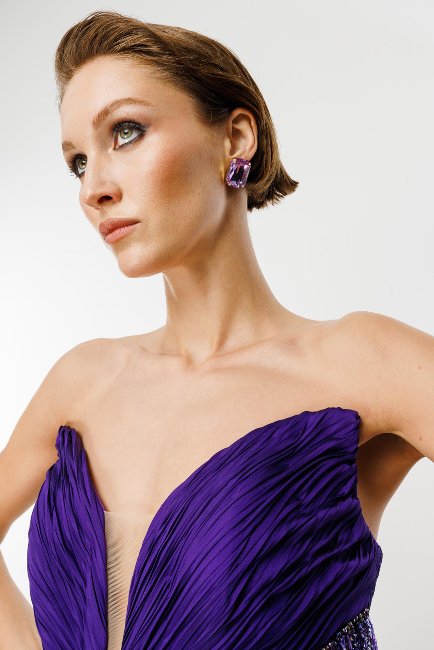 Strapless Fringe Beaded Pleated Shiny Fabric Purple Short Dress