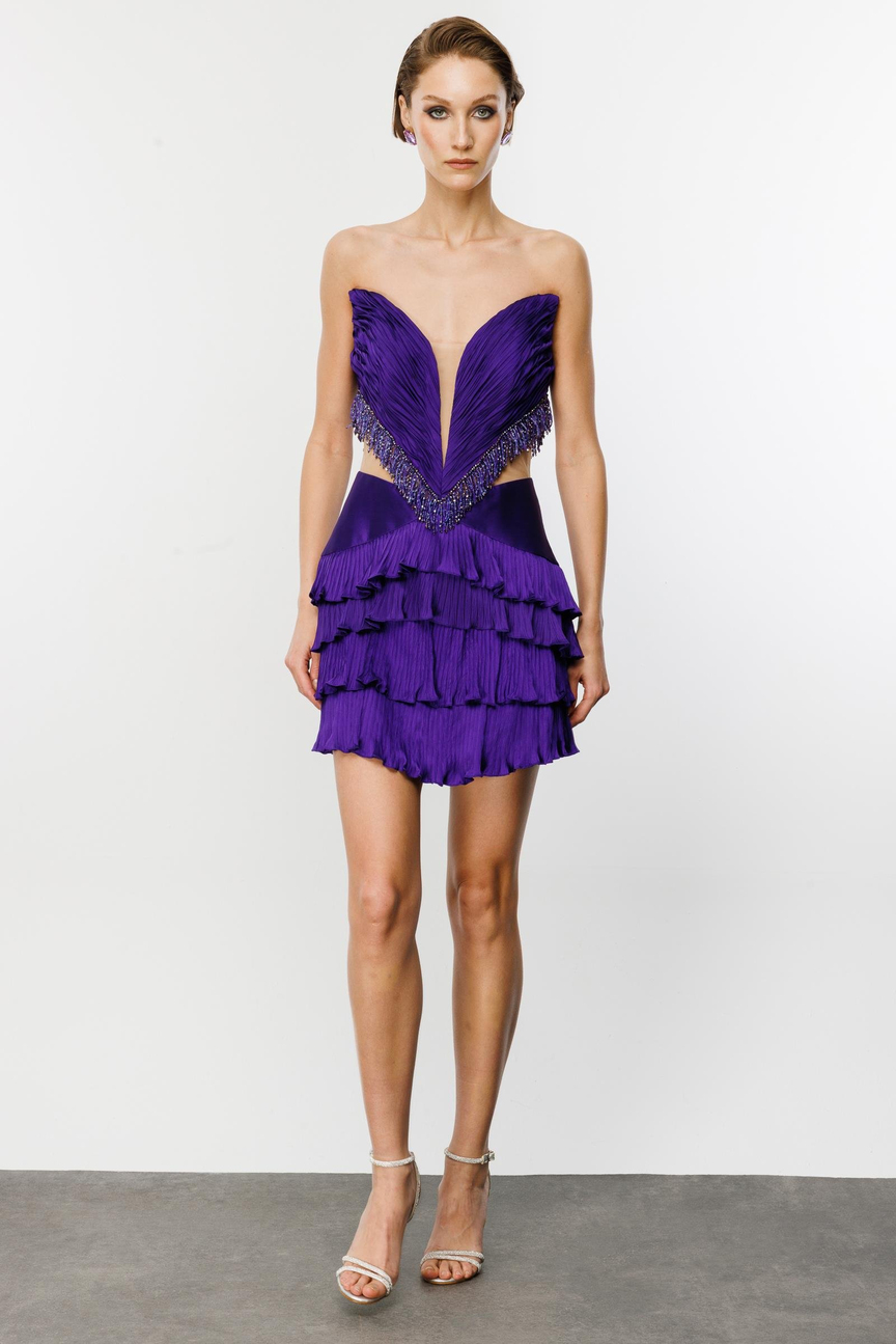 Strapless Fringe Beaded Pleated Shiny Fabric Purple Short Dress