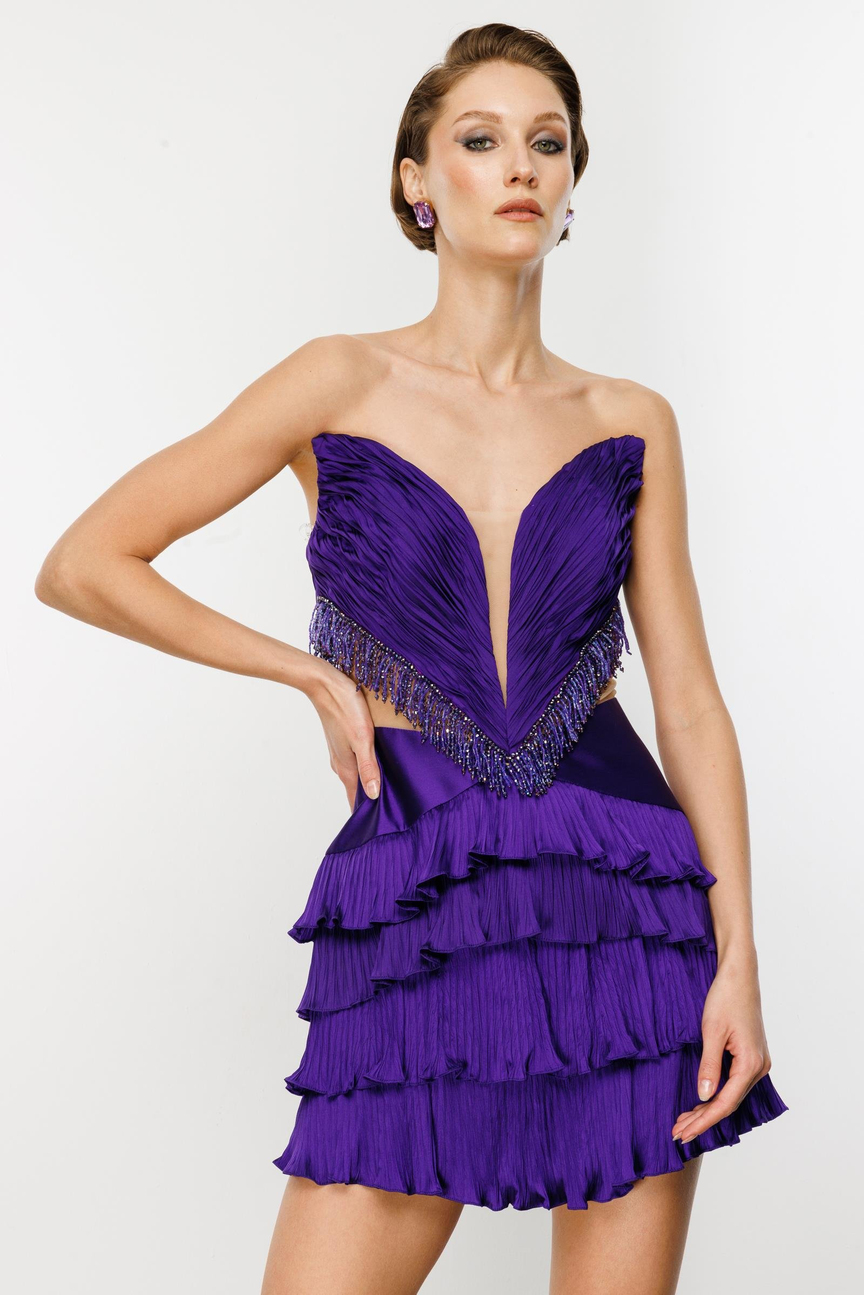 Strapless Fringe Beaded Pleated Shiny Fabric Purple Short Dress