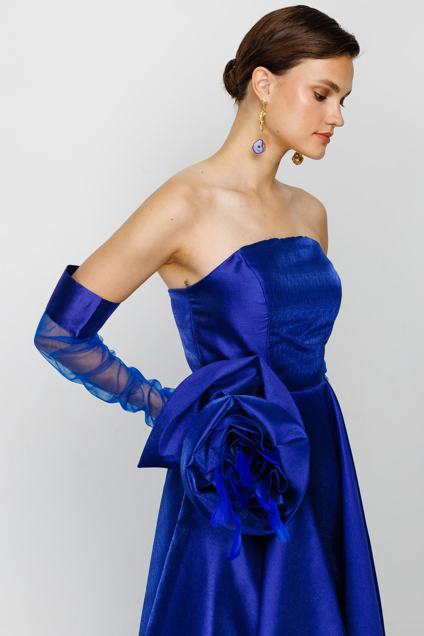 Gül Detaylı Eldivenli Saks Abiye