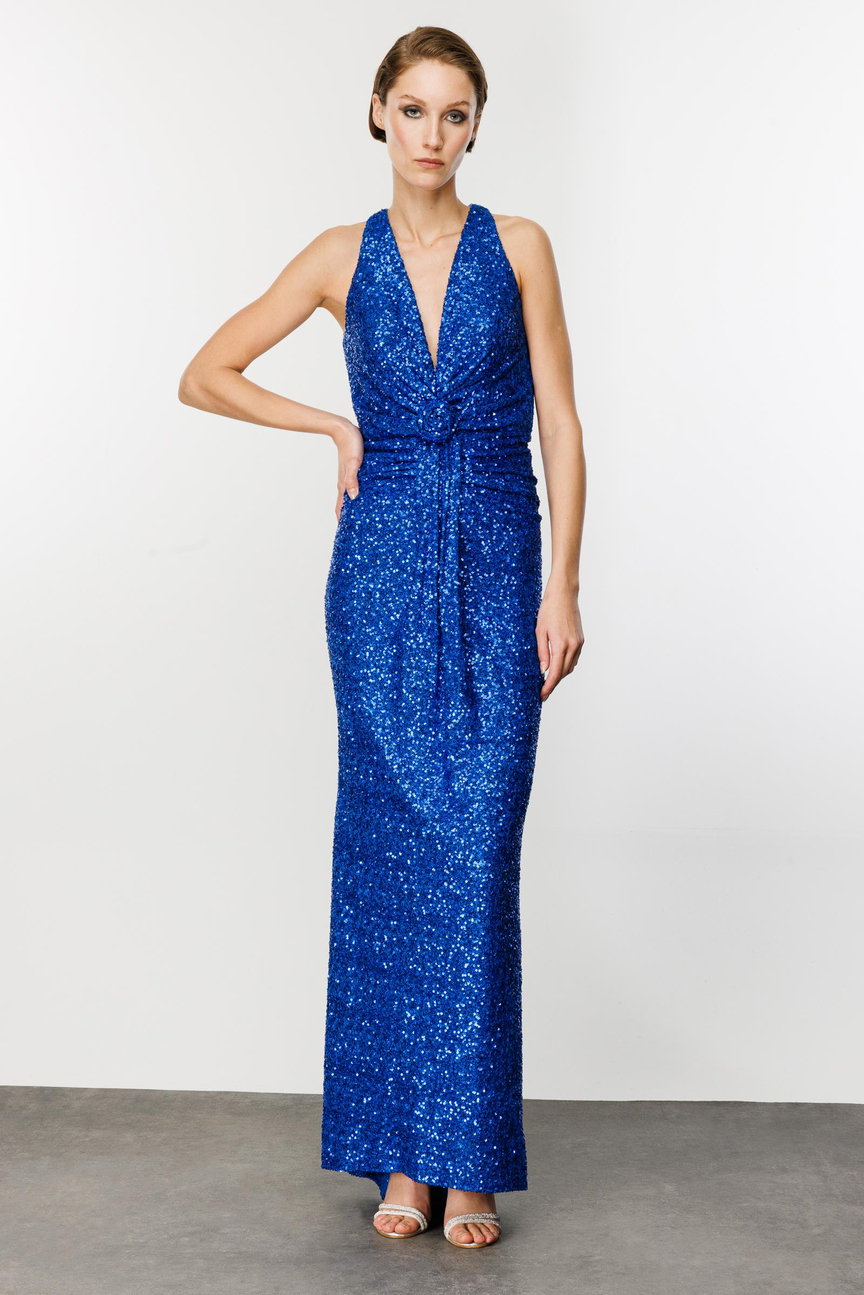 Payetli Bel ve Sırt Gül Detaylı Saks Elbise