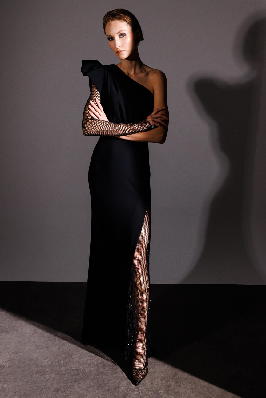 Tek Omuzlu File Yırtmaç File Kol Detaylı Siyah Abiye