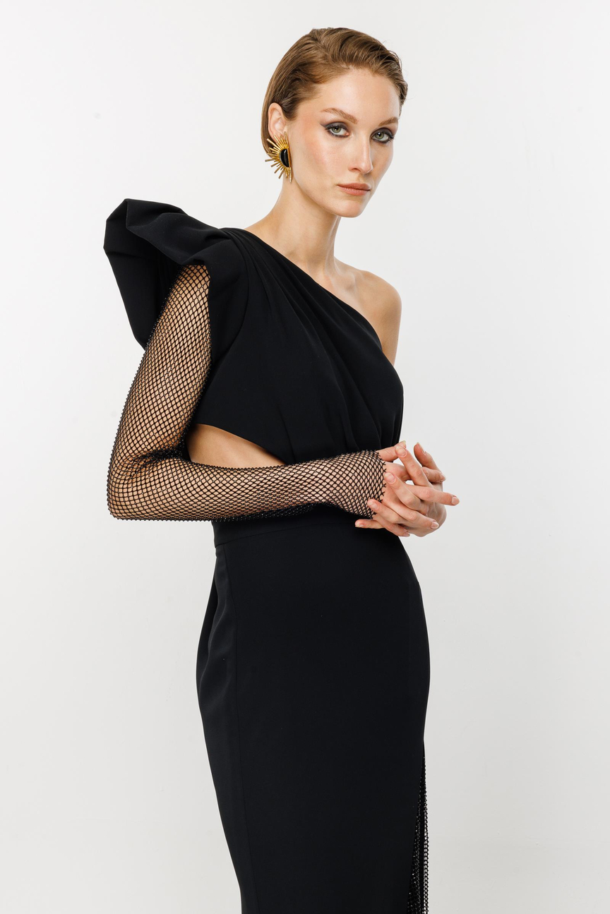 Tek Omuzlu File Yırtmaç File Kol Detaylı Siyah Abiye