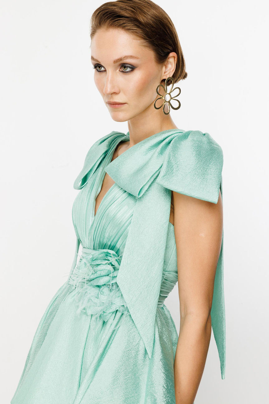 Su Yeşili Omuz Kurdela Detaylı Mini Elbise