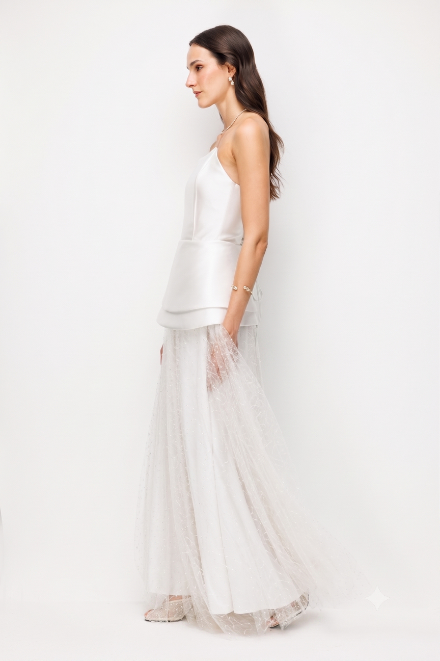 Lace-Up Back Layered Tulle Peplum Evening Dress ECRU