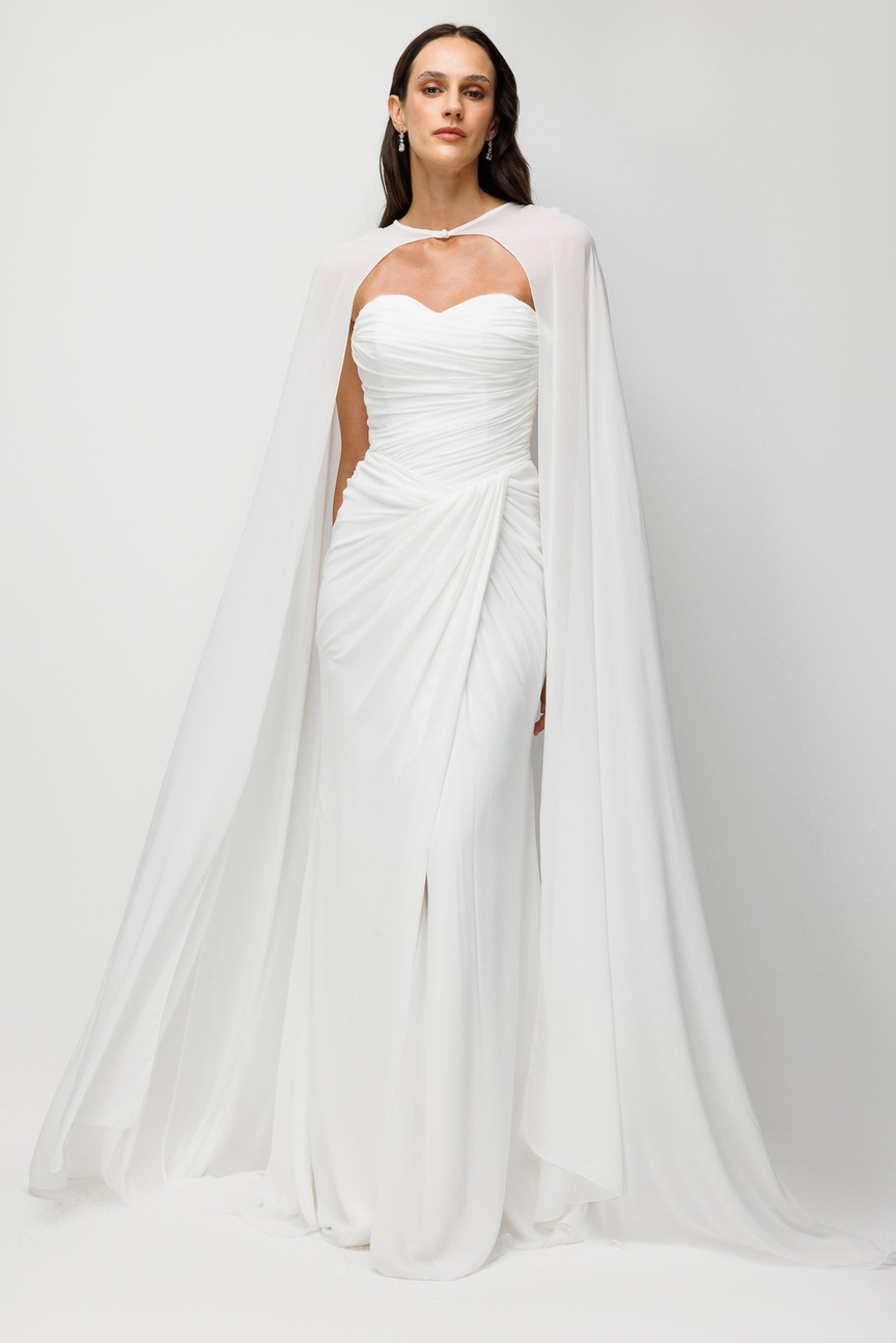 Pelerinli Drape Detaylı Şifon Abiye Elbise KEMİK