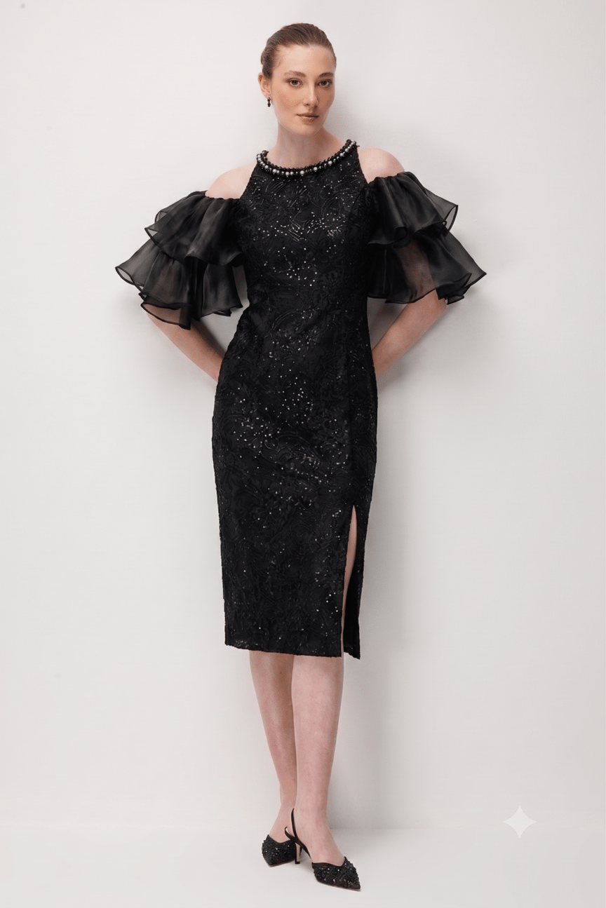 Glitter Lace Flounce Sleeve Dress BLACK