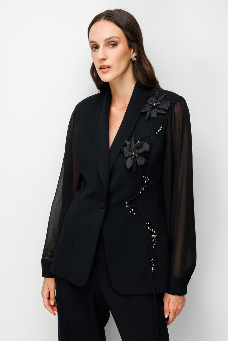 Floral Detaylı Blazer Ceket Pantolon Takım SİYAH