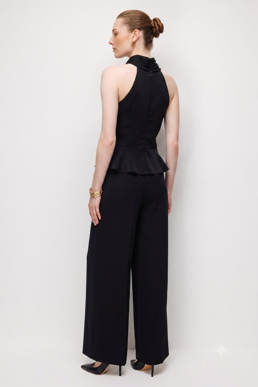 Halter Yaka Drapeli Peplum Bluz Pantolon İkili Takım  SİYAH