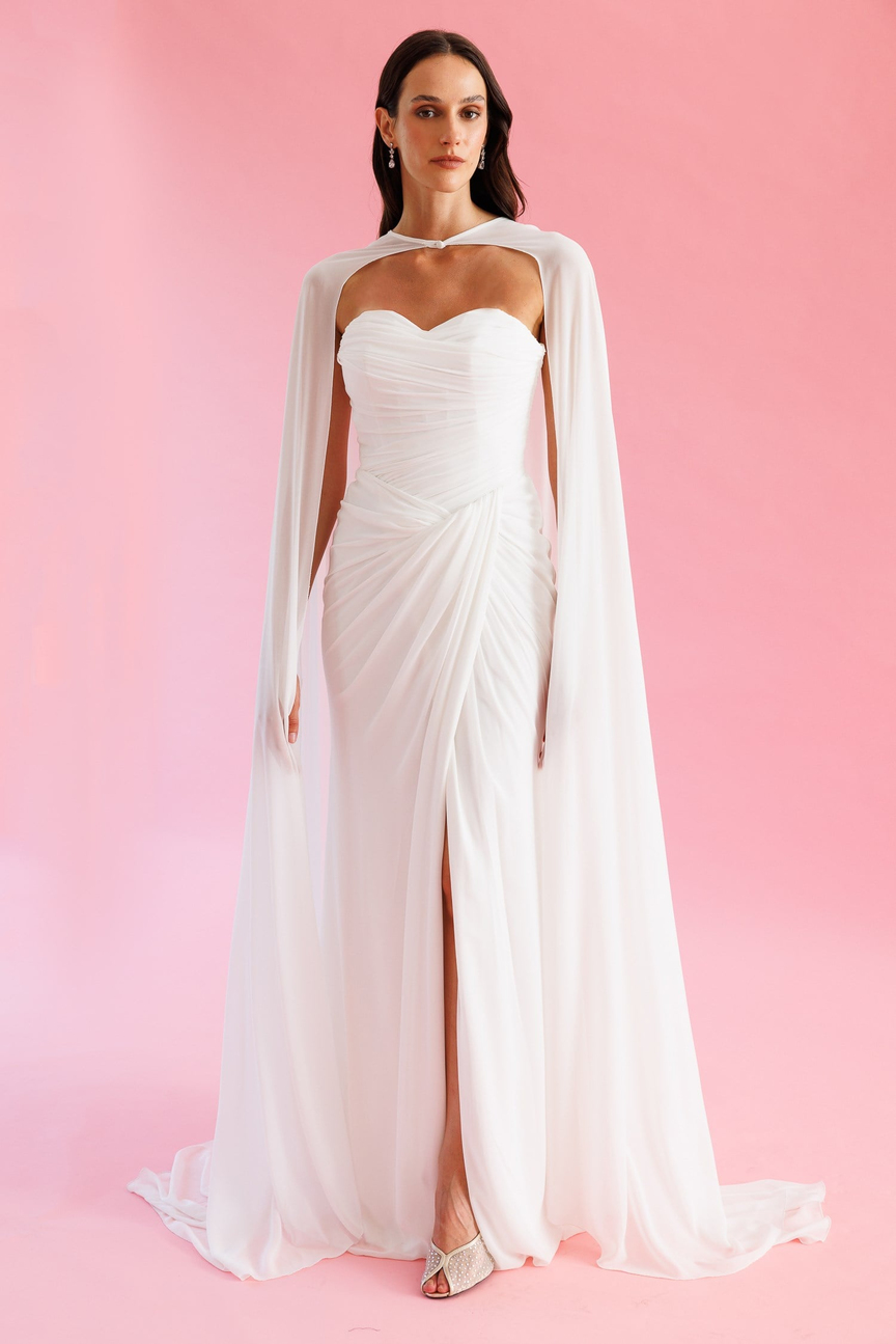 Pelerinli Drape Detaylı Şifon Abiye Elbise KEMİK