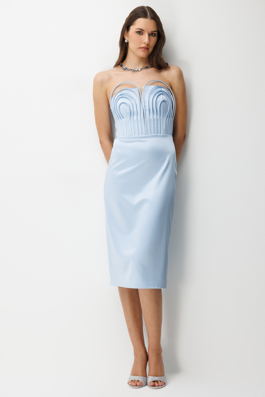 Balenli Midi Boy Straplez Elbise MAVİ