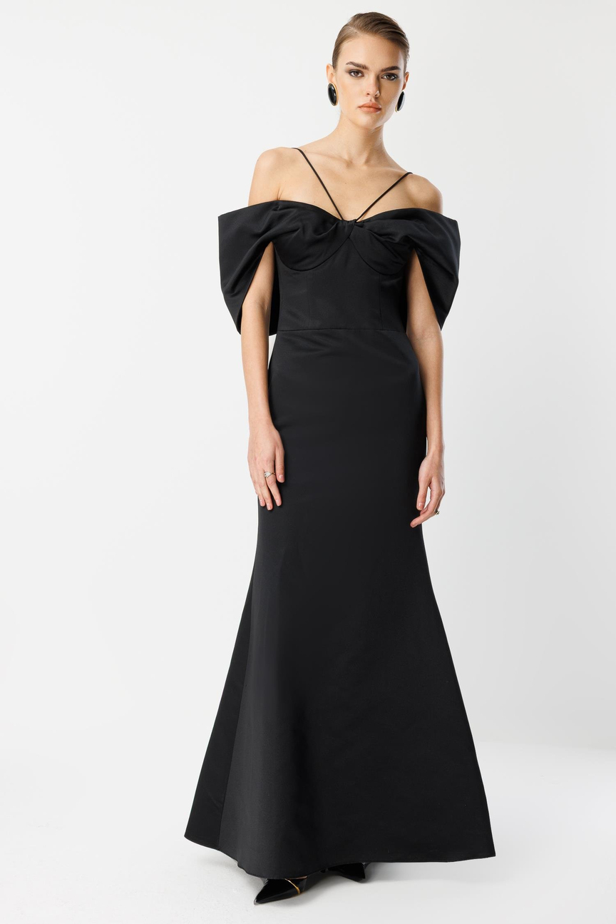 Mermaid Neck Detailed Maxi Evening Dress BLACK