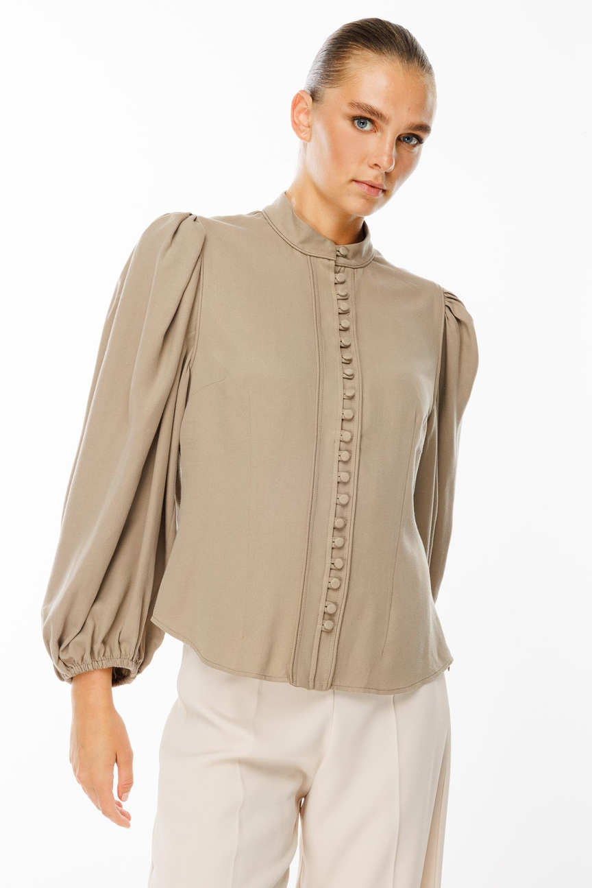 Balon Kol Birit Düğmeli Gömlek VİZON