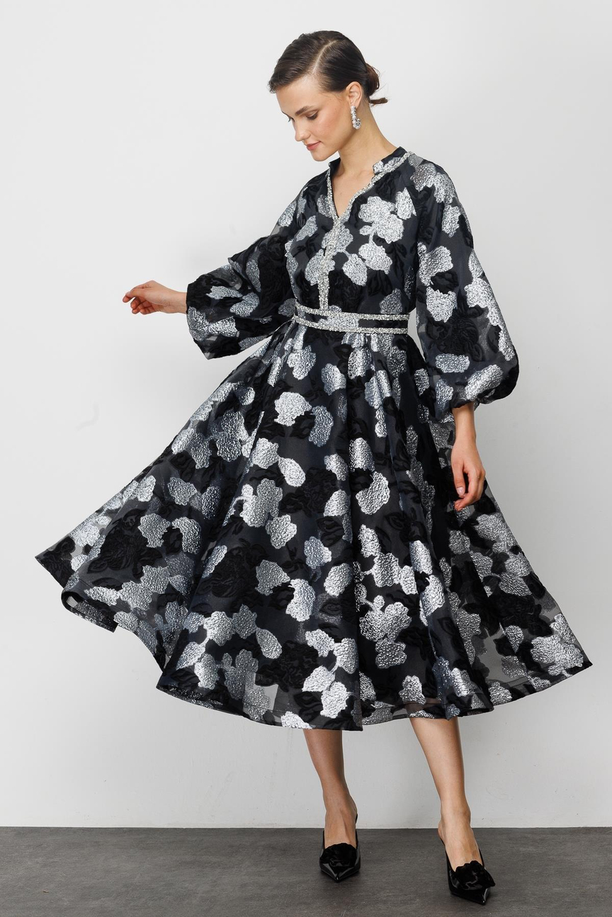 Balon Kol Varaklı Elbise SİYAH