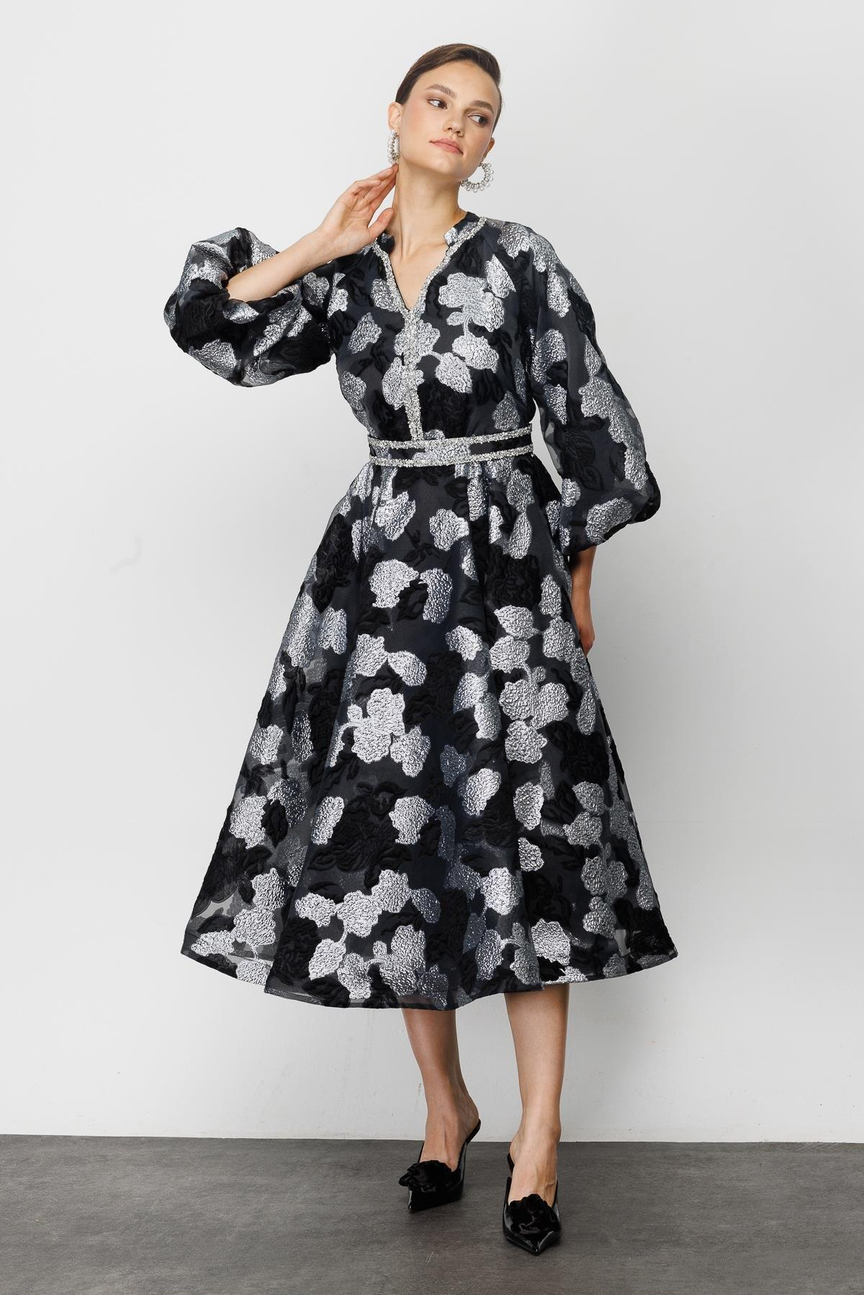 Balon Kol Varaklı Elbise SİYAH