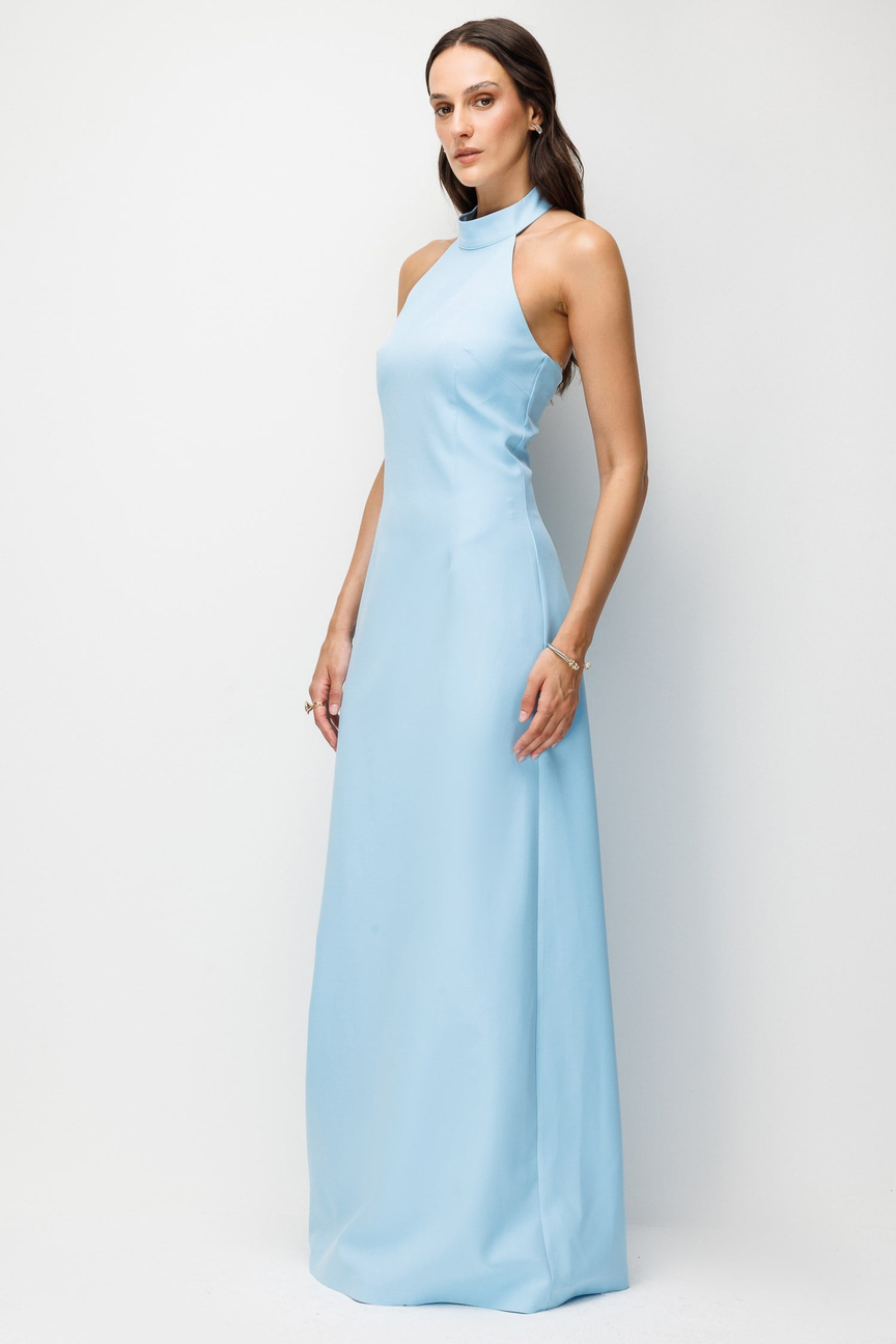 Halter Yaka Yırtmaçlı  Elbise MAVİ