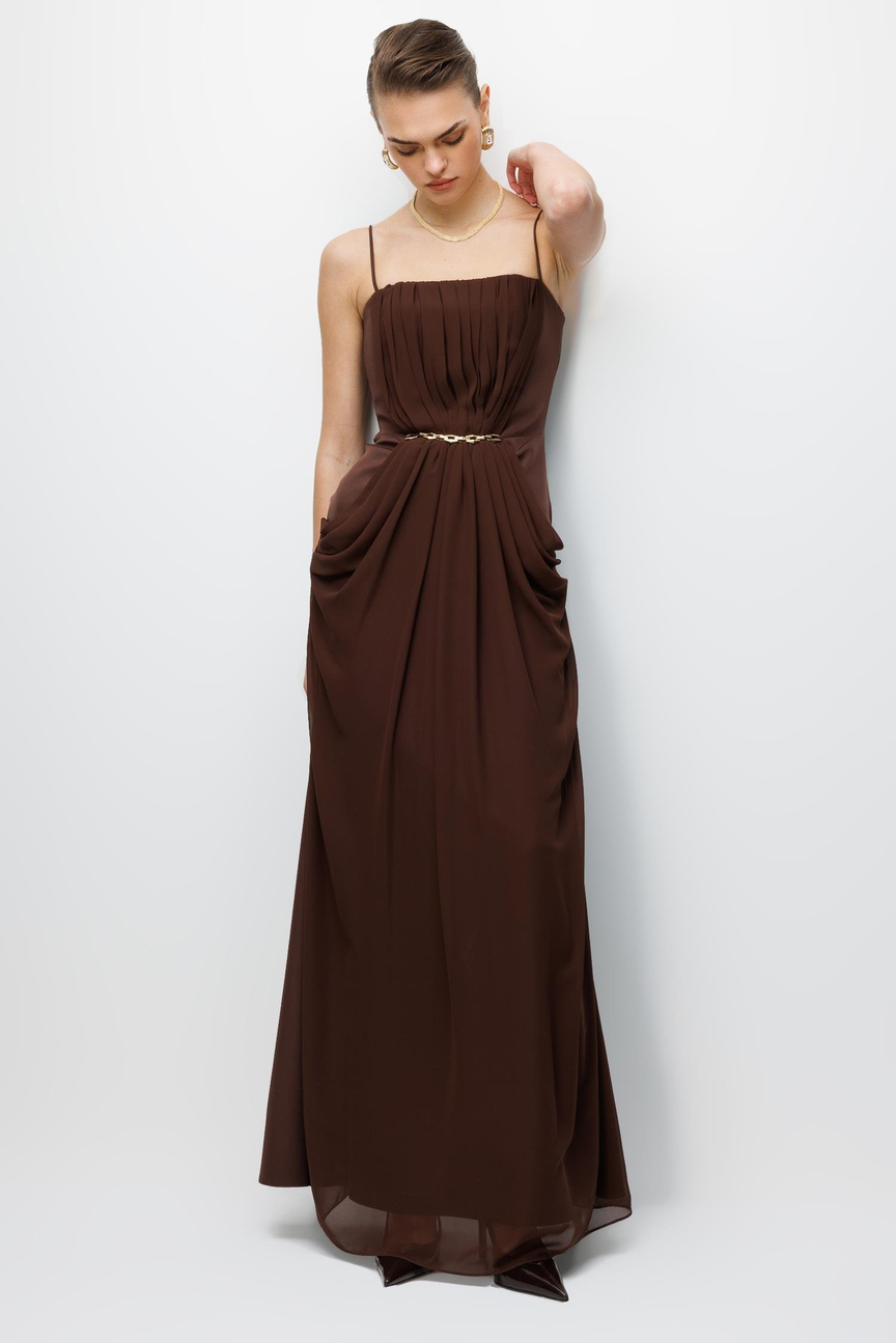 Bel Aksesuar Detaylı Drapeli Maxi Boy Elbise KAHVE