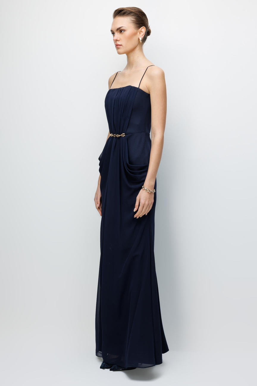 Bel Aksesuar Detaylı Drapeli Maxi Boy Elbise LACİVERT